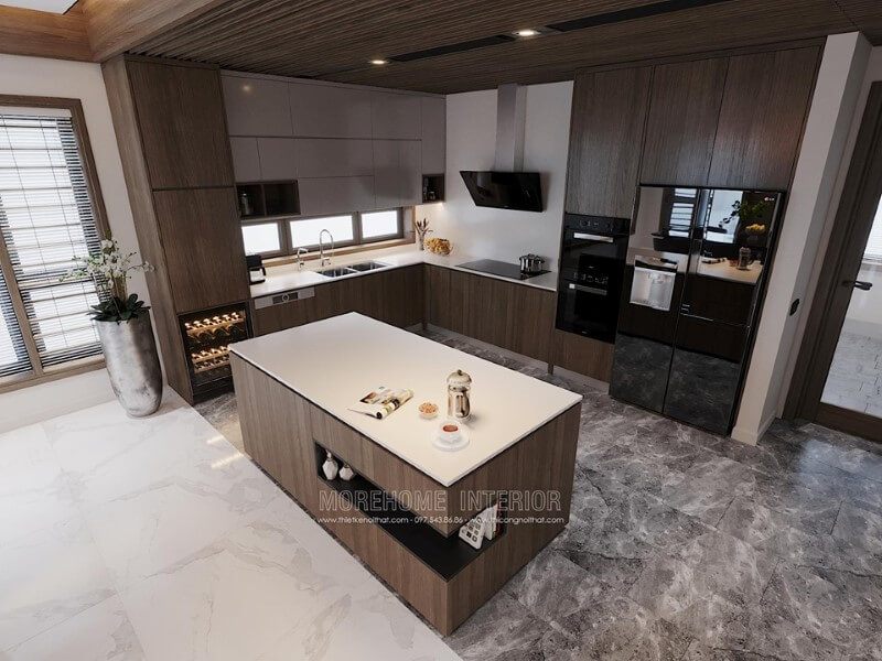 Mẫu bàn đảo bếp gỗ bề mặt bàn ốp đá màu trắng, với thiết kế là vách ngăn giữa phòng khách và phòng bếp nhằm tiết kiệm được không gian và tiện nghi hơn với người nội trợ