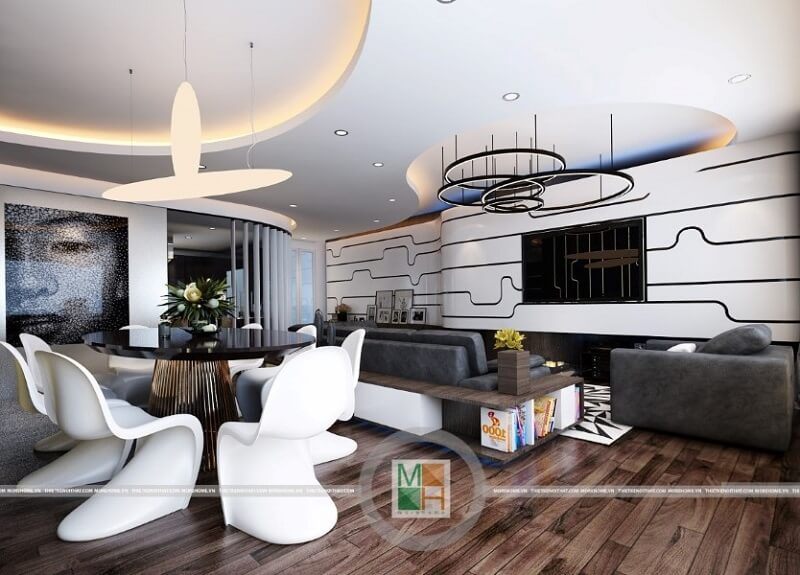 Thiết kế nội thất chung cư Ciputra cao cấp với phòng khách sang trọng, lịch sự liền kề với phòng bếp và khu bàn ăn.