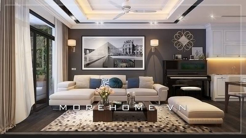 Mẫu thiết kế nội thất phòng khách đẹp cho nhà phố, nội bật với bộ sofa bọc nỉ cao cấp cuốn hút mọi ánh nhìn